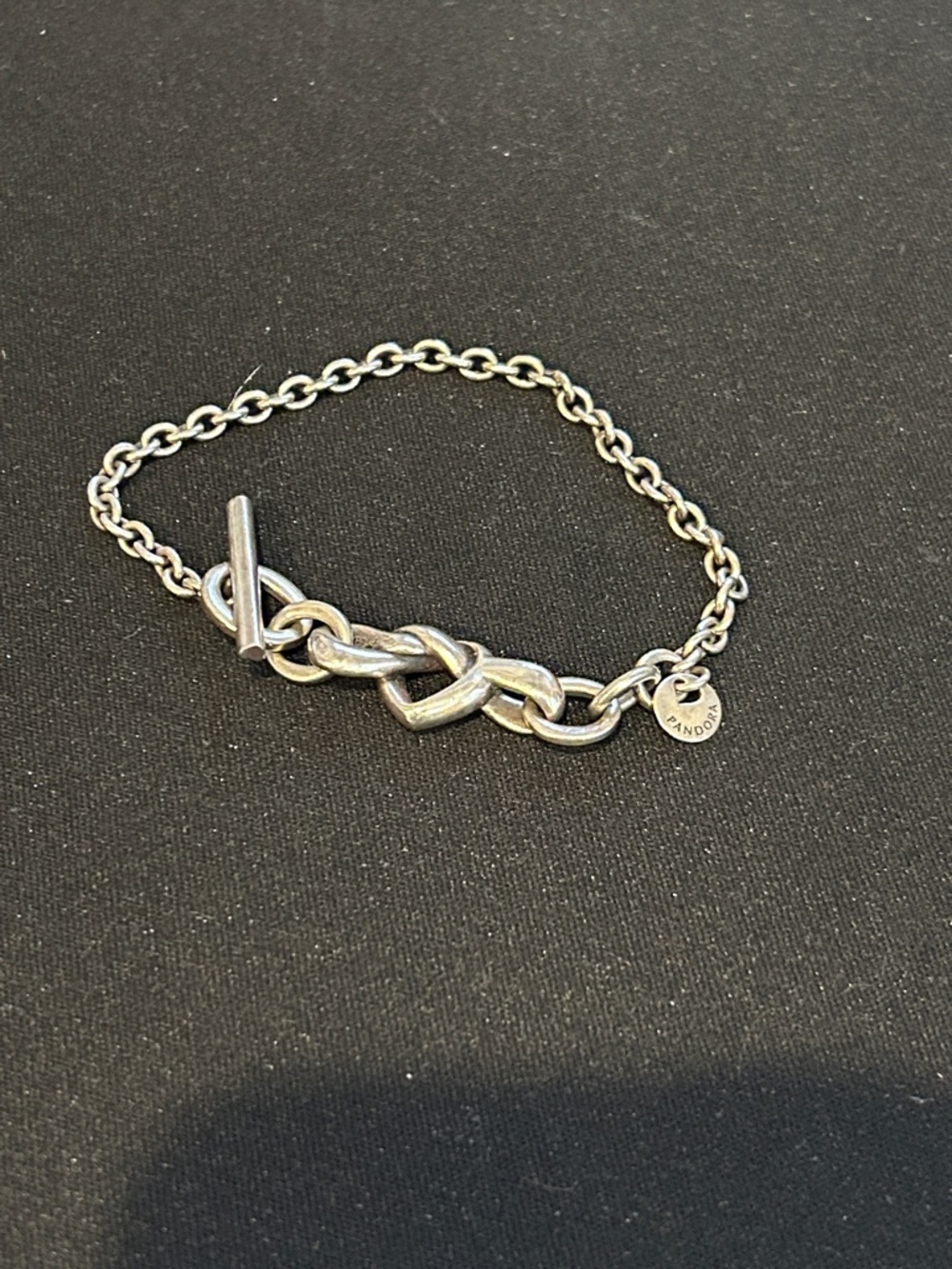 Preowned authentic Pandora knotted heart T-bar link bracelet Silver 925 7.5”